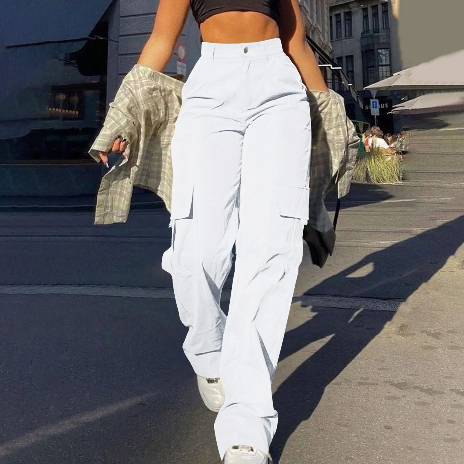 2024 Trendy Women Wide Leg Cargo Pants Street Vibes Flap Pockets Drawstring Ruched High Waist Parachute Women Pants