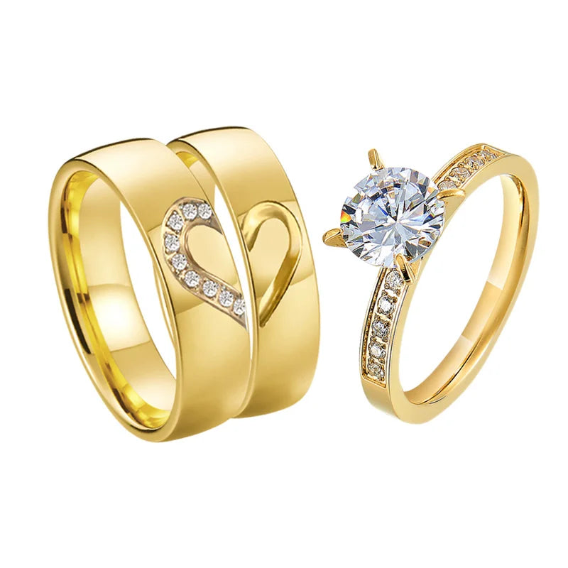 Proposal Wedding Engagement Rings Set for Men and Women Golden Heart Lovers Alliance 3Pcs Promise Couple Ring Marriage