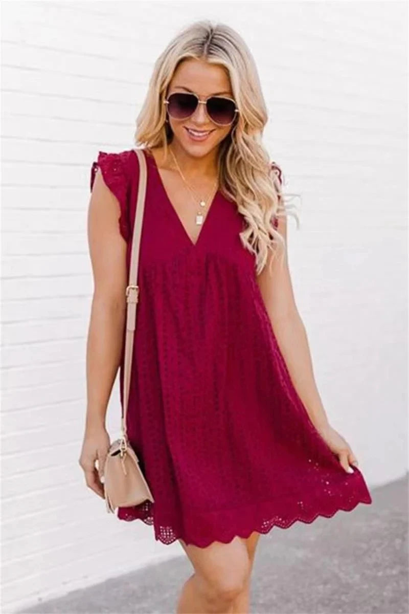 2023 California Romper V-Neck Summer Short Sleeve Lace Dress Hollow Casual Dress Women Party Dresses Ladies Summer Dress Women