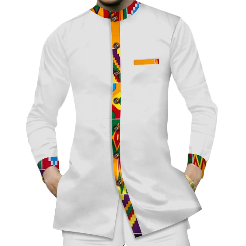 Casual 100% Cotton Men%27S+Shirts African Clothes Dashiki Kente Patchwork Print Shirt Tops Bazin Riche African Men Shirts Only