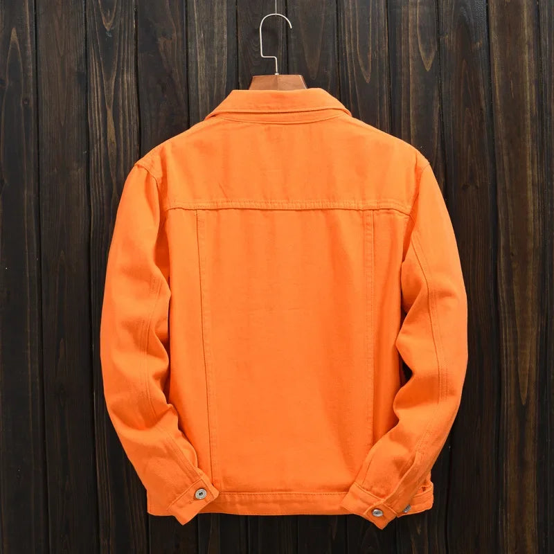 HOO 2024 Men'S Autumn Orange Lapel Denim Jacket Teenagers Drop Shoulders Loose Casual Denim Jacket