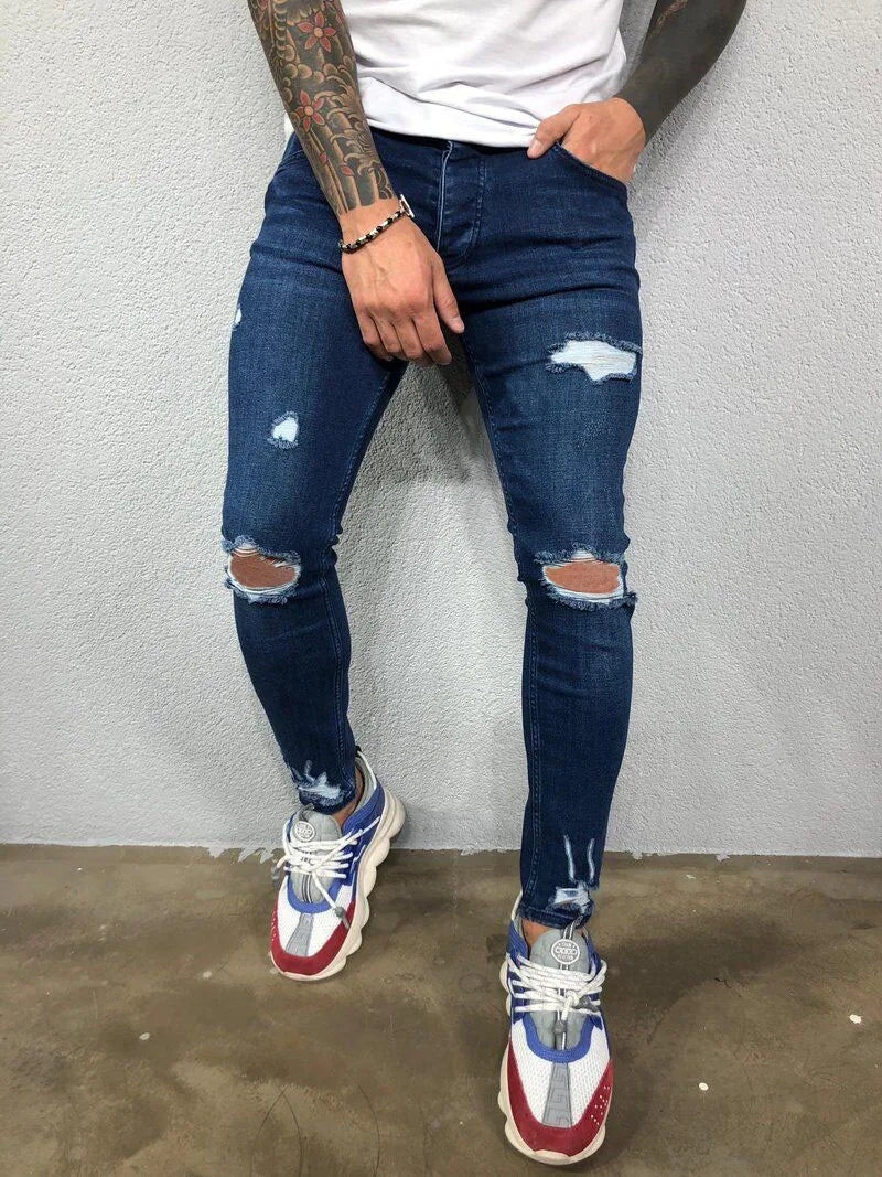 Fashion Street Style Ripped Skinny Jeans Men Vintage Wash Solid Denim Trouser Mens Casual Slim Fit Pencil Denim Pants Hot Sale