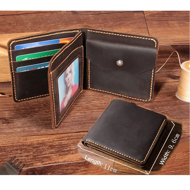 Handmade Vintage Crazy Horse Genuine Leather Wallet Men Purse Leather Men Wallet Short Style Male Money Holder Coin Bag WF206