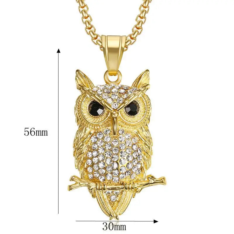 Stainless Steel Titanium Animal Owl Luxury Zircon Hip Hop Pendant Collar Chains Necklace for Men Women Couple Gift Jewel