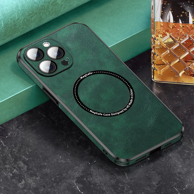 Luxury Magnetic Leather Phone Case for  14 13 12 11 15 Pro Max Mobile Cover Magsafe Lens Protection Wireless Charging