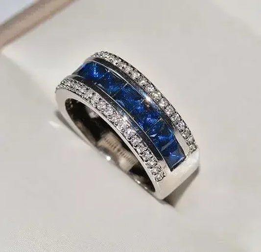 Authentic Stamp Finger Ring with round Blue Square Cubic Zirconia Crystal Wide Sterling Plata Ring for Women Wedding Jewelry