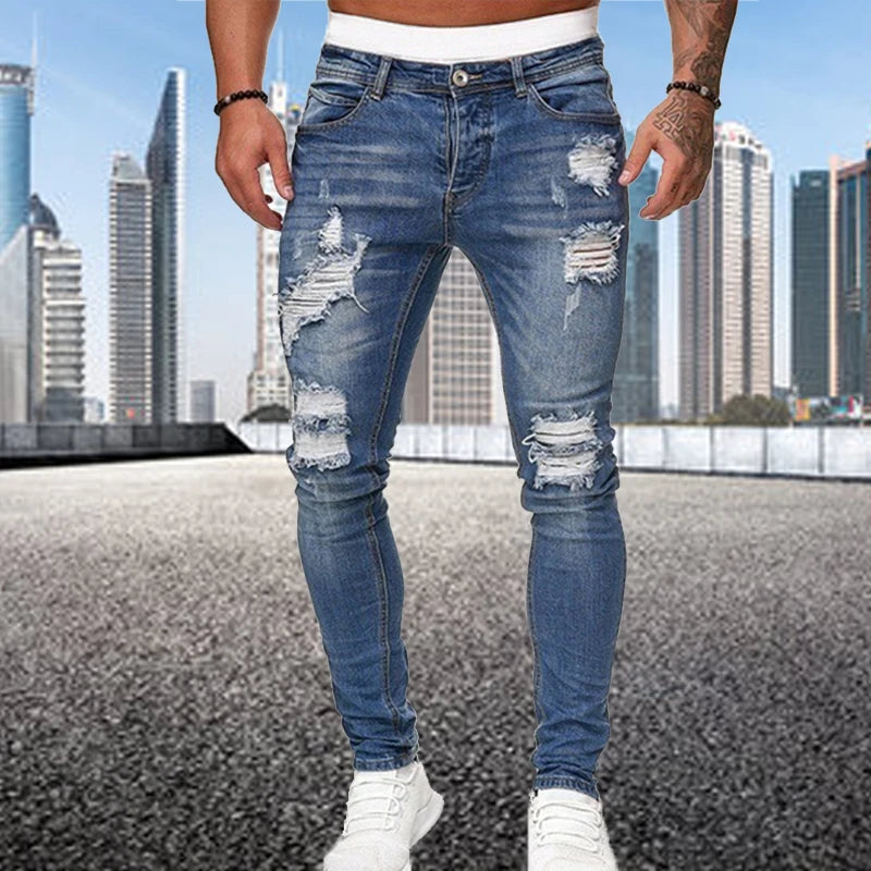 Fashion Street Style Ripped Skinny Jeans Men Vintage Wash Solid Denim Trouser Mens Casual Slim Fit Pencil Denim Pants Hot Sale