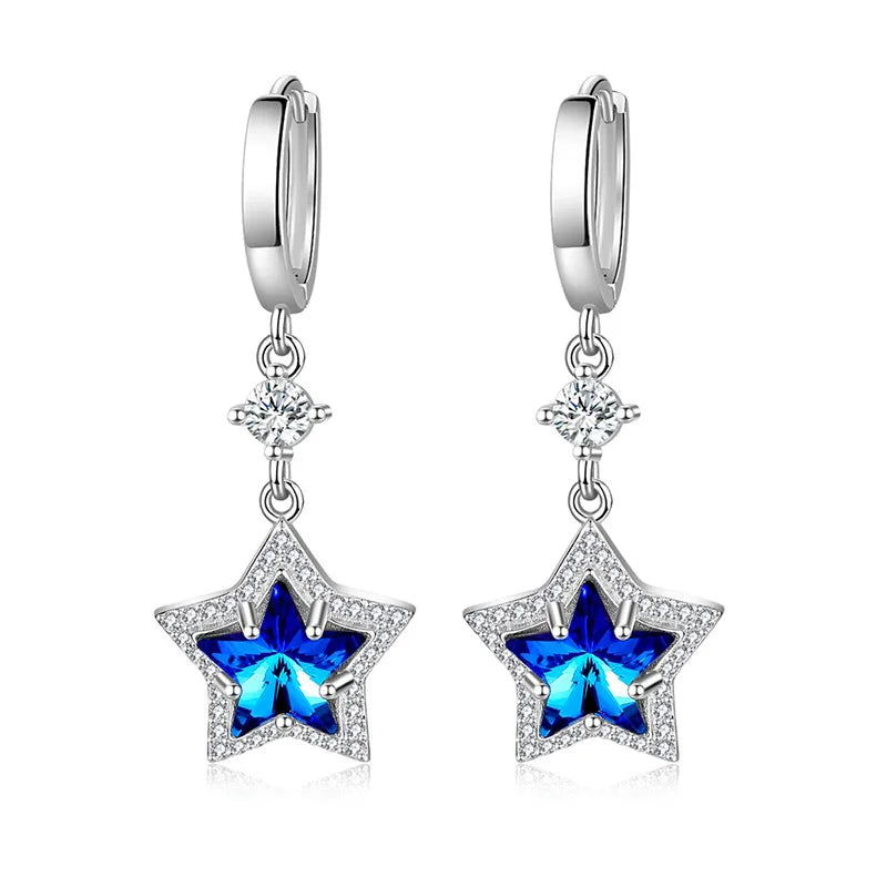 925 Sterling Silver Earrings Blue Crystal Zircon Pentagram Earrings for Women'S Fashion Jewelry Gifts