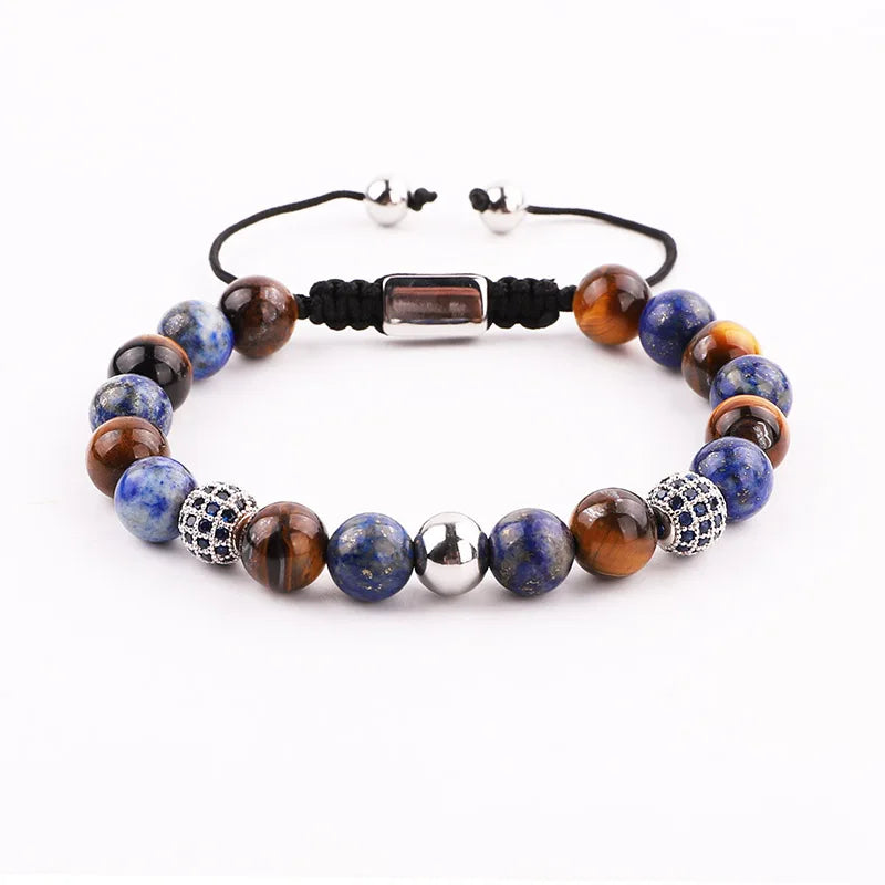 High Quality Men Jewelry 18K Gold Plating Stainless Steel Blue Roman Bangle Tiger Eye Stone Macrame Bracelet Set