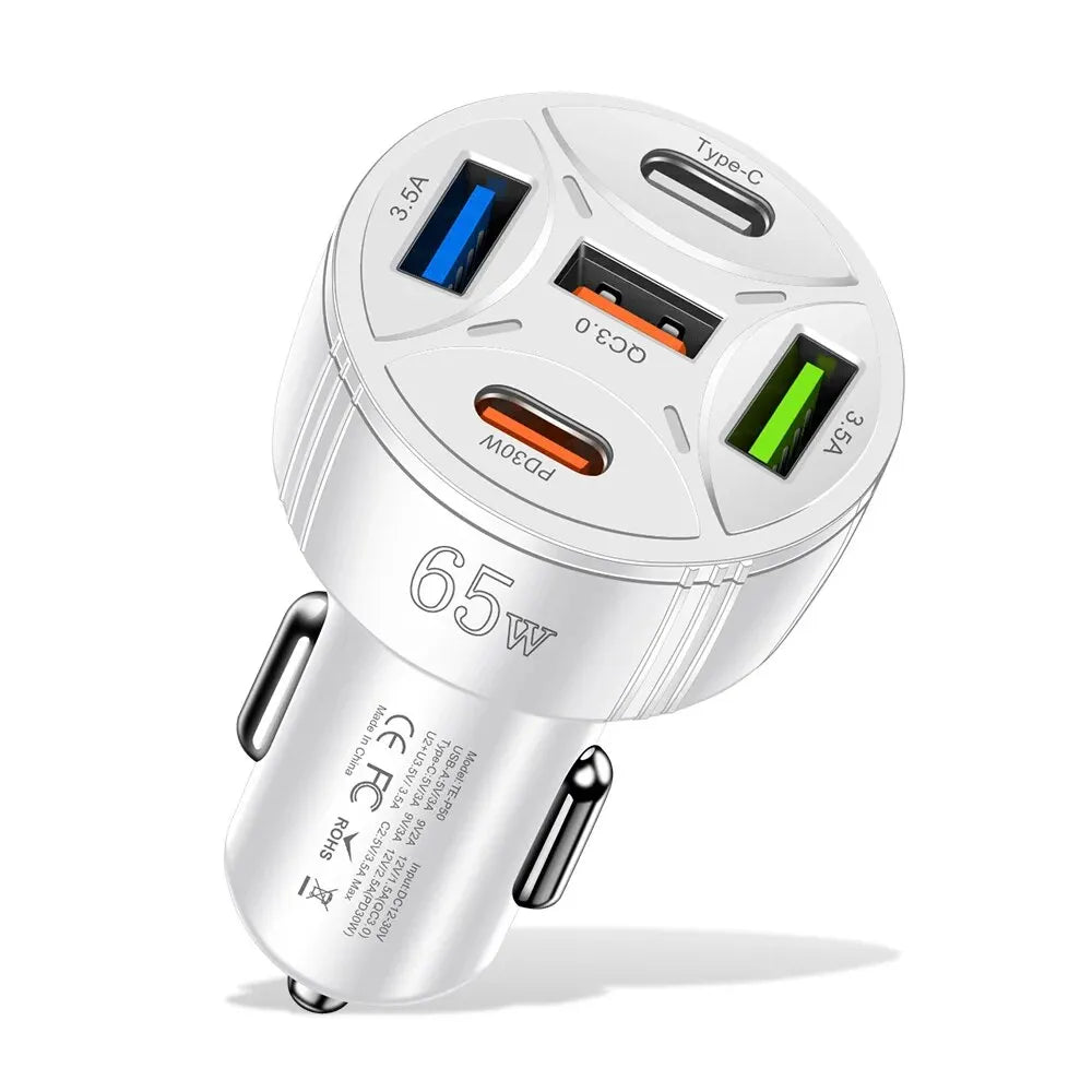 5 Port 65W USB Car Chargers Type C Car Charger Fast Charging PD QC3.0 Phone Charger in Car for Iphone Xiaomi Huawei Samsung