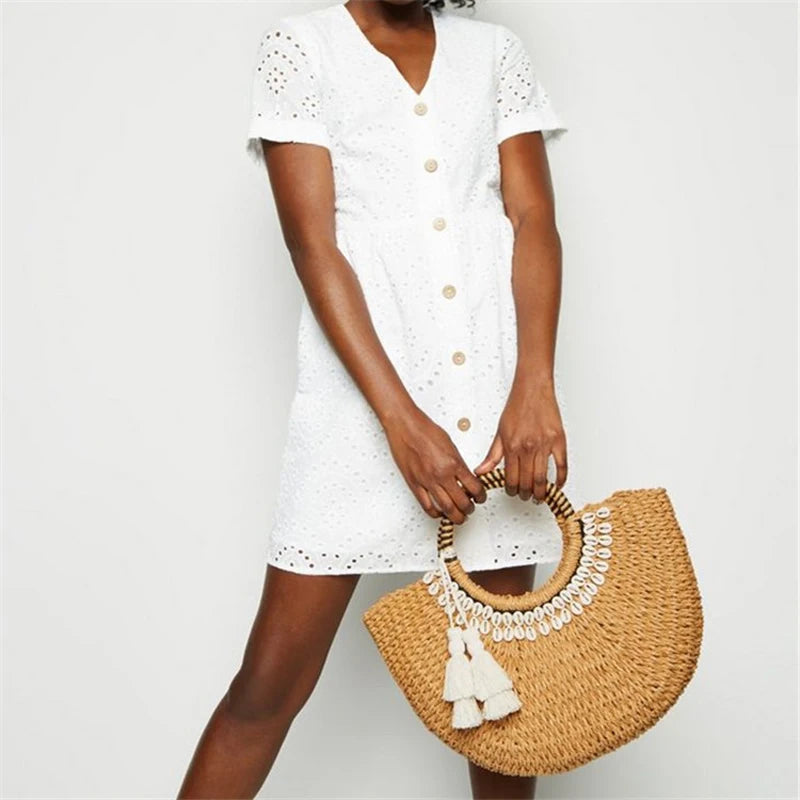 Woman Fashion New Creative Shell Moon Straw Bag Scarf Hair Ball Decoration Straw Bag Portable Woven Beach Handbag