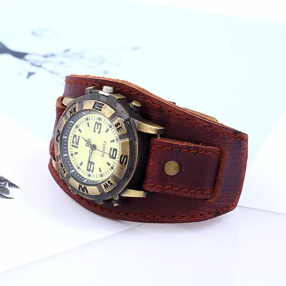 Vintage Women Men Punk Faux Leather round Dial Quartz Bracelet Wrist Watches