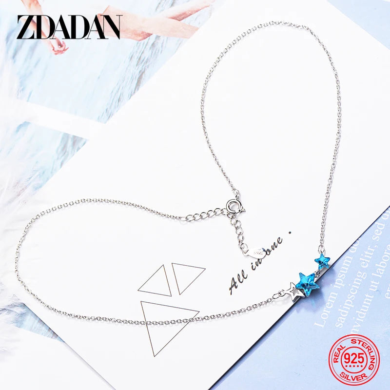 925 Sterling Silver Star Blue Crystal Necklace Chain for Women Fashion Wedding Jewelry