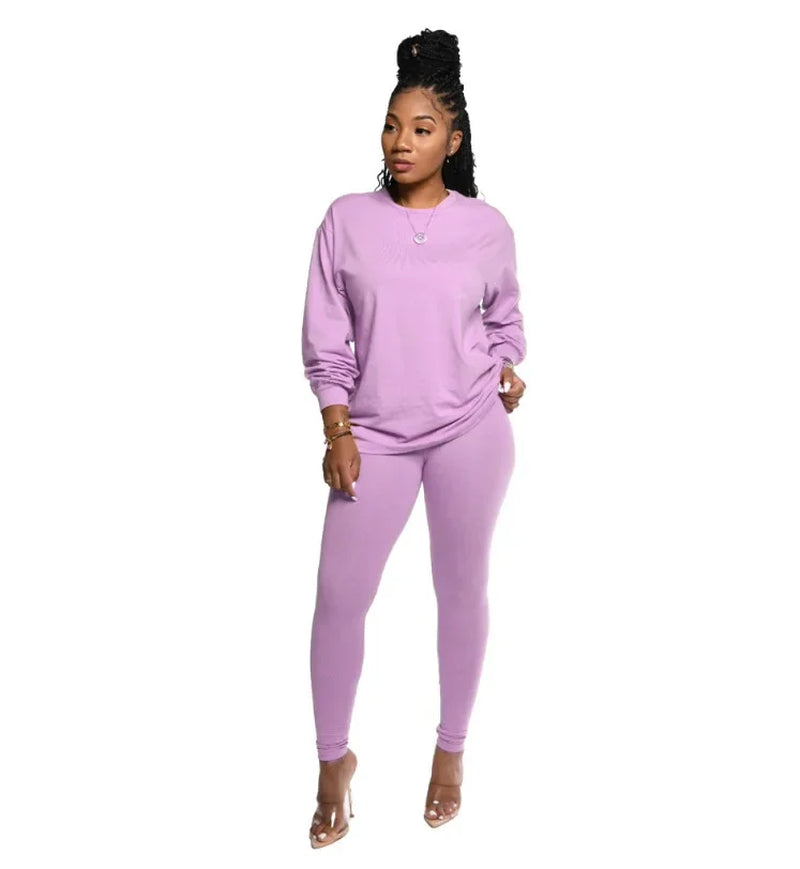 Active Sweatsuit Two 2 Piece Set Women Winter Fitness Outfit Crewneck Sweatshirt + Legging Pants Matching Tracksuit