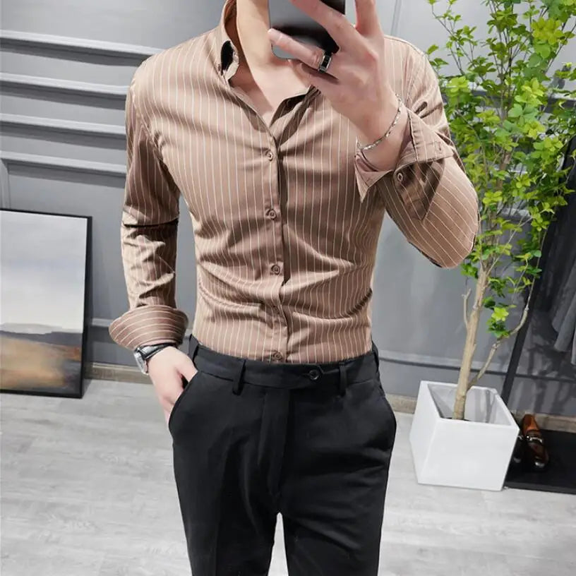 British Style Striped Shirts Mens Long Sleeve Business Formal Dress Shirt Casual Slim Fit Shirt Streetwear Social Party Clothing