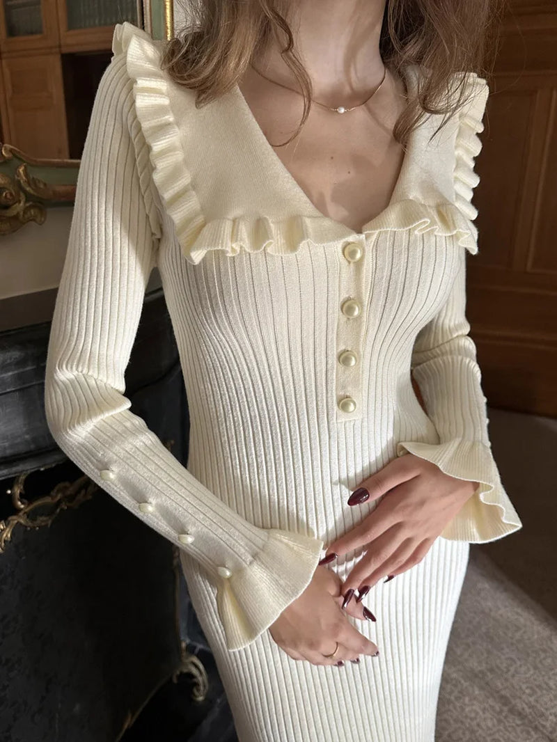 Ruffled Patchwork Knit Maxi Dress for Women Elegant Ribbed Long Sleeve Party Dress Gown Slim Knitwear Fashion Long Dress