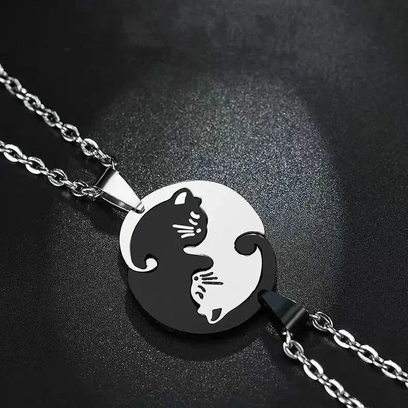 Two Cat Couple Necklaces Jewelry Stainless Steel Black White Kitten Animal Pendant Choker Necklace Lovers Friendship Gift