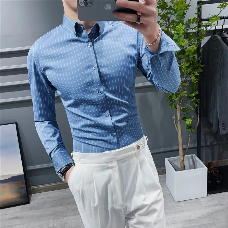 British Style Striped Shirts Mens Long Sleeve Business Formal Dress Shirt Casual Slim Fit Shirt Streetwear Social Party Clothing