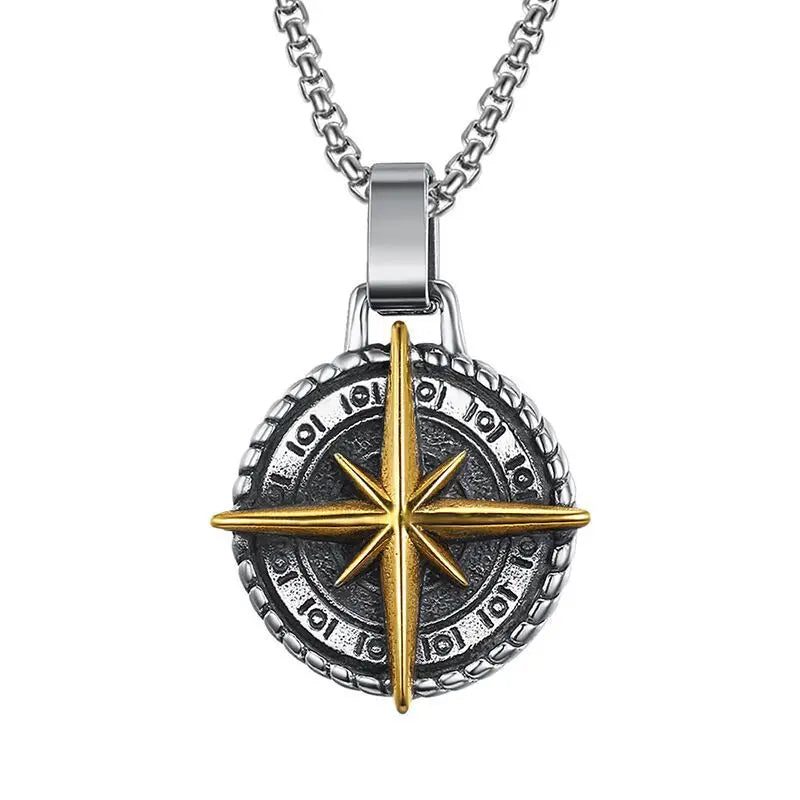 Vintage Compass Medal Pendant Stainless Steel Necklace Mens High Quality round Hip Hop Trend Jewelry Gifts Wholesale