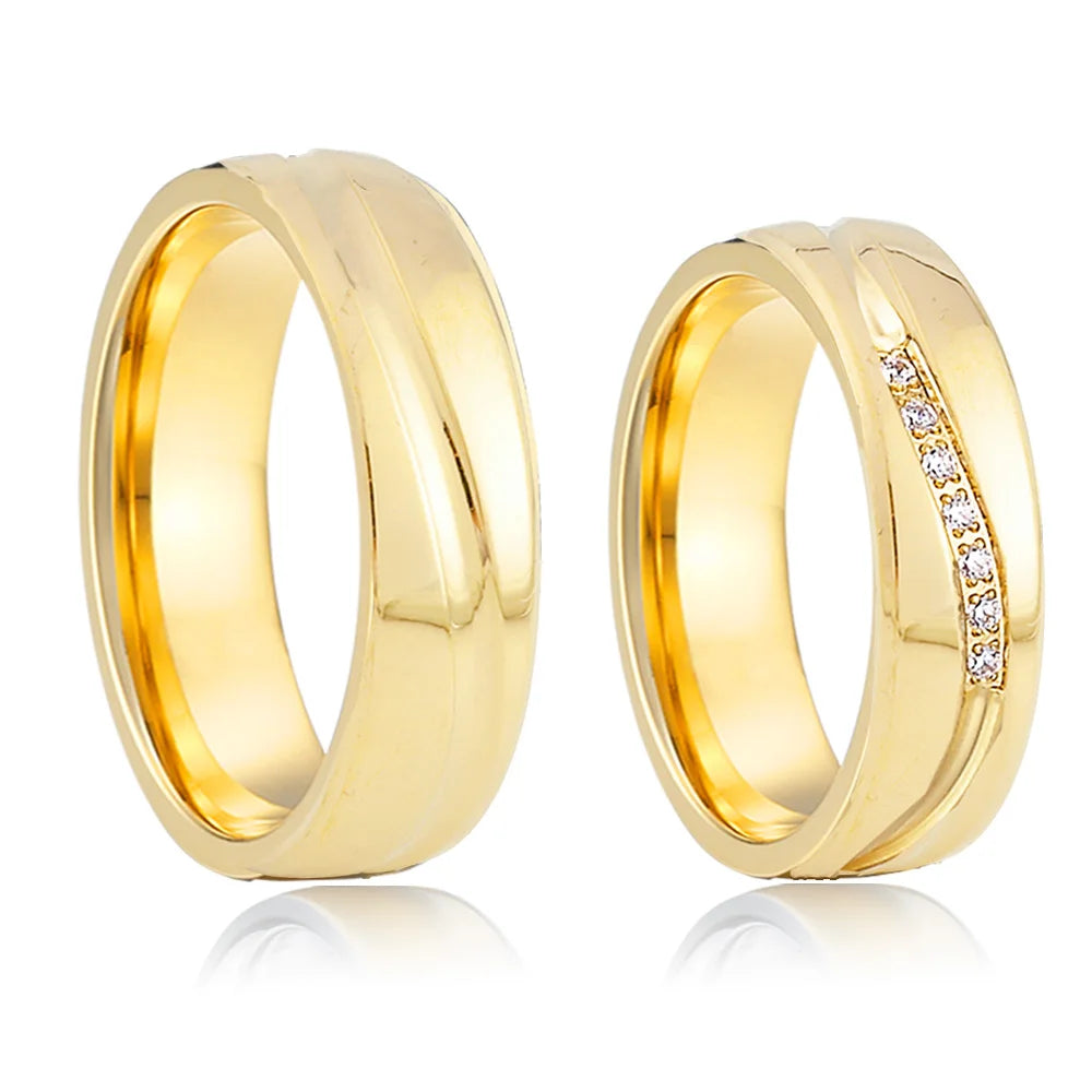 Wedding Rings Couple Sets for Men and Women Lovers Alliance Shiny 1 Pair 14K Gold Plated Stainless Steel Jewelry Marriage Ring