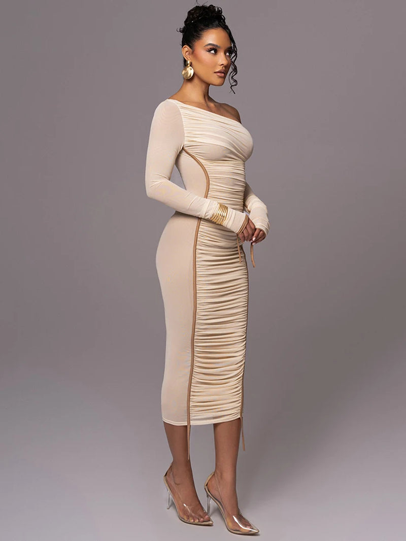 Diagonal Collar Long Sleeve Midi Dress for Women Two Layer Mesh Backless Ruched Bodycon Club Party Sexy Long Dress