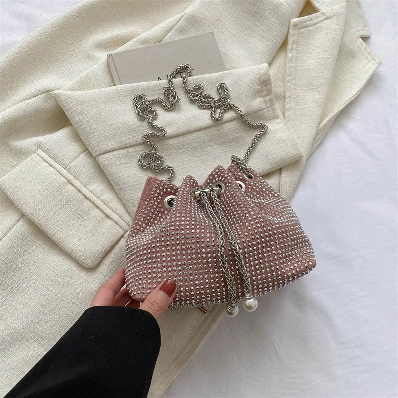 Women Fashion Diamonds Rhinestone Bucket Bags Retro Pearl Chain Ladies Shoulder Bags Shiny Small Crossbody Bags Female Handbags