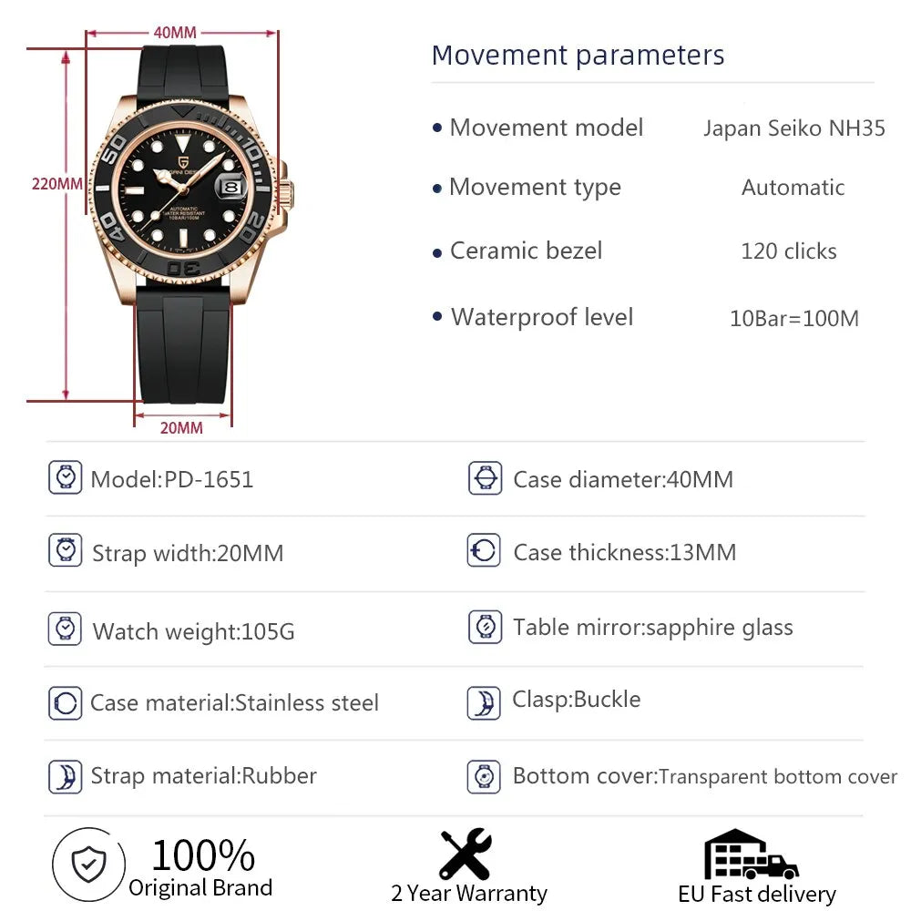 Sports Men Mechanical Wristwatch Sapphire Luxury Automatic Watch for Men Stainless Steel Waterproof Clock