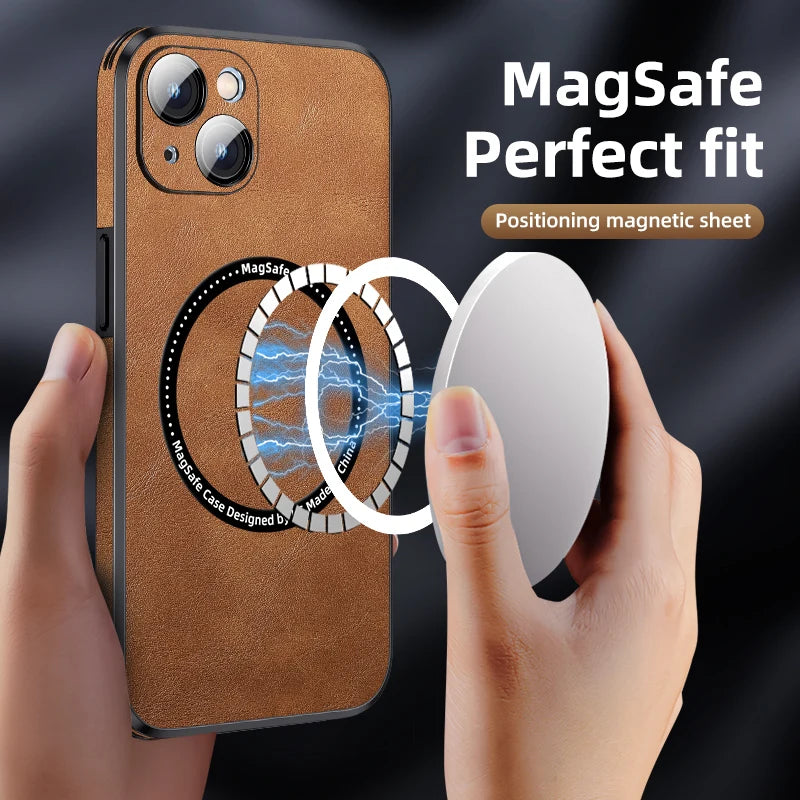 Luxury Magnetic Leather Phone Case for  14 13 12 11 15 Pro Max Mobile Cover Magsafe Lens Protection Wireless Charging