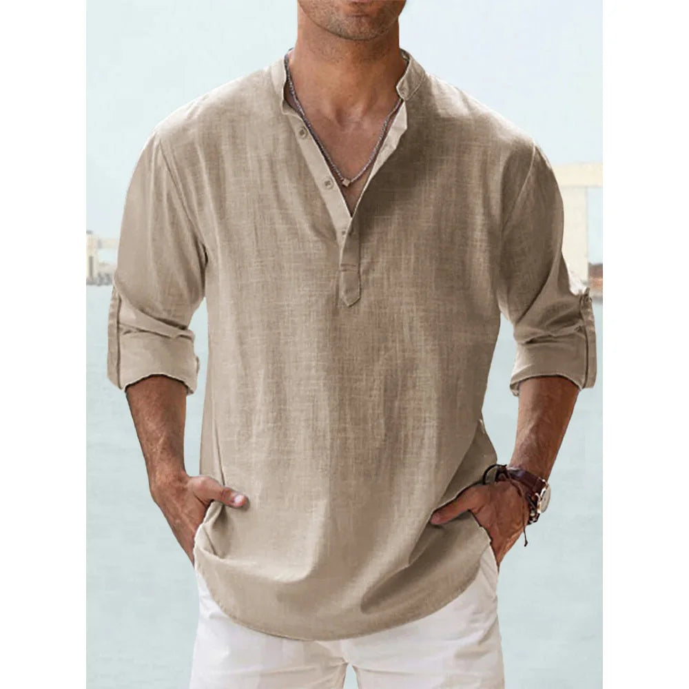 New Cotton Linen Shirts for Men Casual Shirts Lightweight Long Sleeve Henley Beach Shirts Hawaiian T Shirts for Men Streetwear