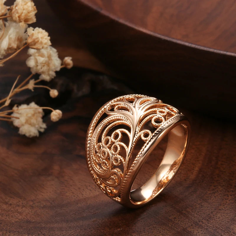 Hot Trendy Unique Women Rings 585 Rose Gold Hollow Pattern Romantic Wedding Rings Unusual Fashion Jewelry Party Gift