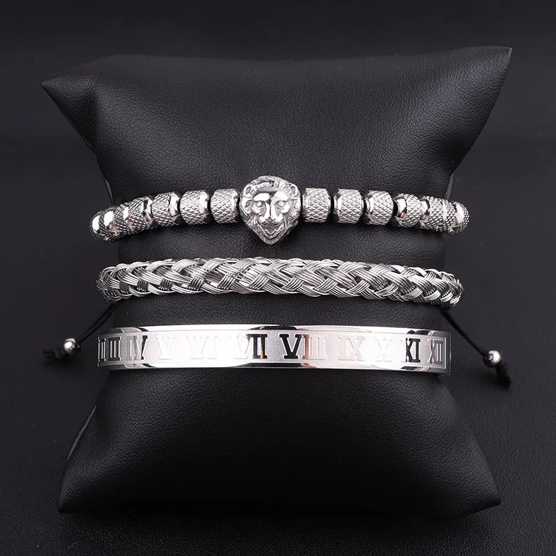 High Quality Luxury Stainless Steel Roman Bangle Lion Charm Men Jewelry Handmade Braided Macrame Bracelets Male Gift