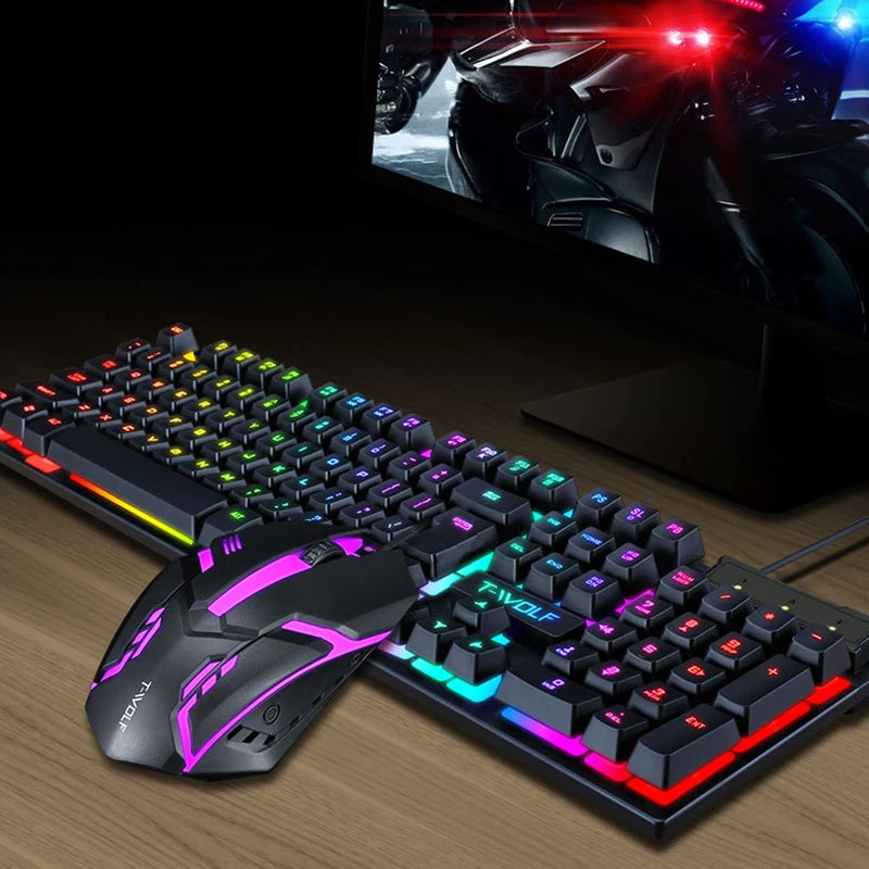 T-WOLF New Keyboard Mouse Kit TF200 Office USB Wired Luminous Keyboard and Mouse Set Russian Keyboard