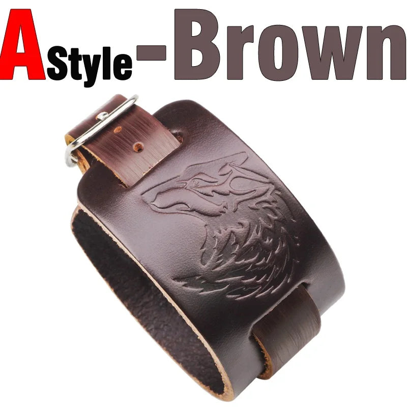 Charm Wide Leather Bracelet Black Brown Men Fashion Embossed Wolf/Eagle/Totem Wristband Bangle Punk Rock Style Jewelry