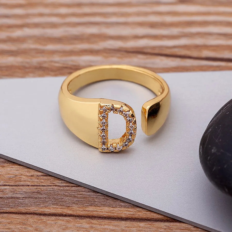 New Fashion A-Z Letter Gold Color Metal Adjustable Opening Ring Initials Name for Women Finger Rings Party Crystal Jewelry