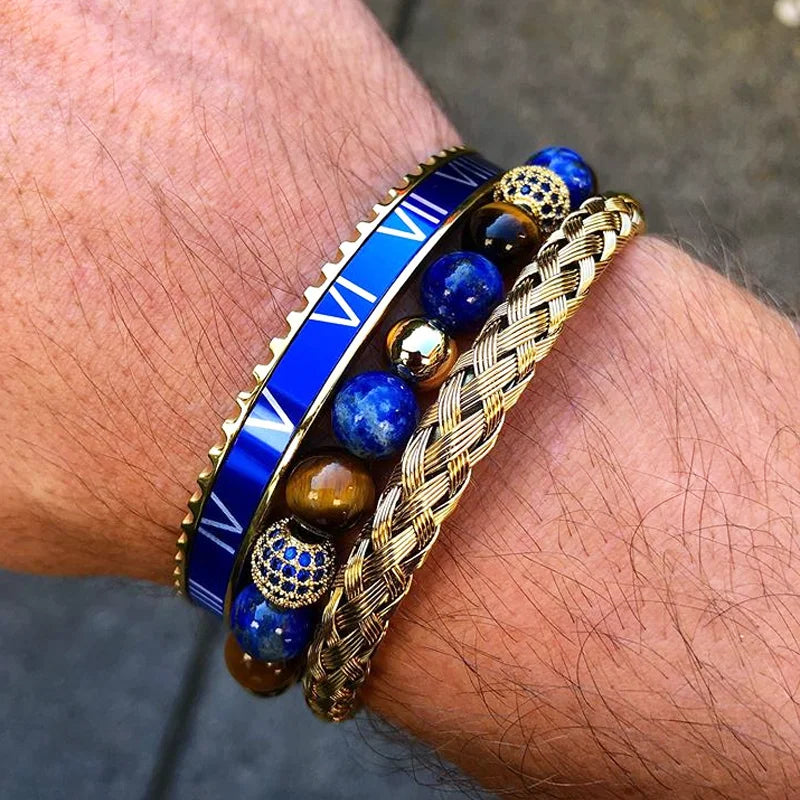 High Quality Men Jewelry 18K Gold Plating Stainless Steel Blue Roman Bangle Tiger Eye Stone Macrame Bracelet Set