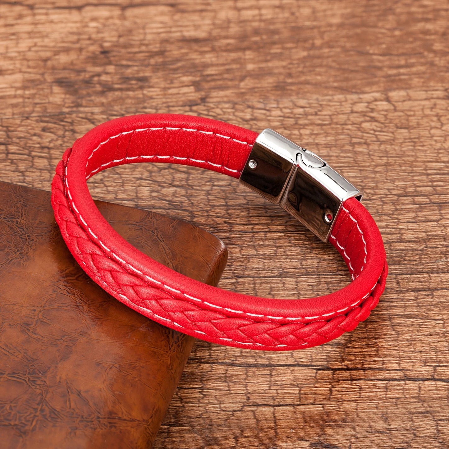 Punk Men Jewelry Red Black Braided Leather Bracelet Metal Magnetic Buckle Bracelets Charm Male Wrist Band Pulsera Hombre