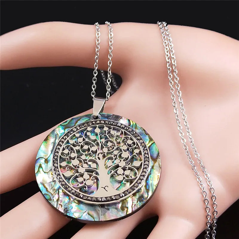 Tree of Life Crystal Stainless Steel Chain Necklaces Women Silver Color Big Necklaces Pendants Jewelry Collar Mujer NXS04