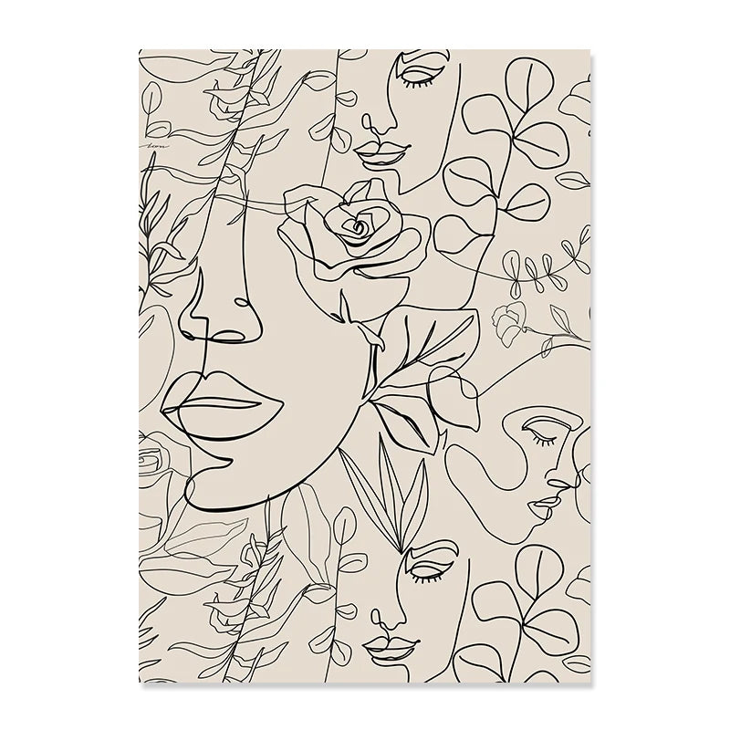 Abstract Bohemian Line Woman Faces Flowers Mid Century Posters Canvas Painting Wall Art Print Picture Living Room Home Decor