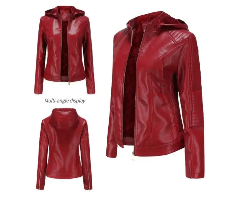 New 2019 Europe and America Large Size Women'S Jacket plus Velvet Leather Autumn and Winter Warm Hooded Jacket Women'S Jacket