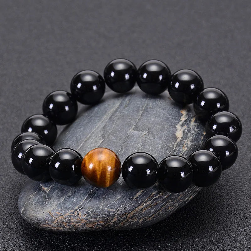 Natural Black Onyx with Tiger Eye Stone Beads Men Jewelry Bracelet 12 Constellation Leo Lovers Energy Balance Bracelet