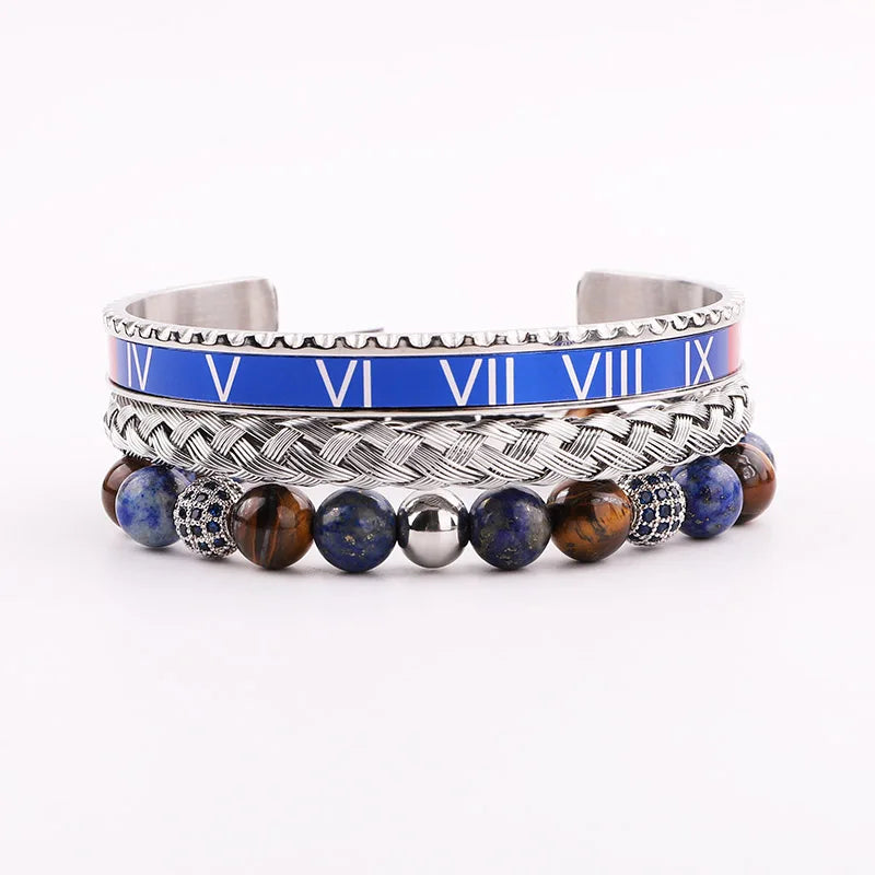 High Quality Men Jewelry 18K Gold Plating Stainless Steel Blue Roman Bangle Tiger Eye Stone Macrame Bracelet Set