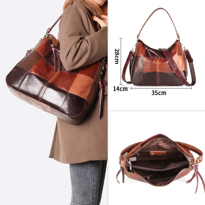 New Designer Genuine Leather Elegant Women Shoulder Crossbody Bag Classic Patchwork Large Casual Handbag Ladies Top Handle Tote