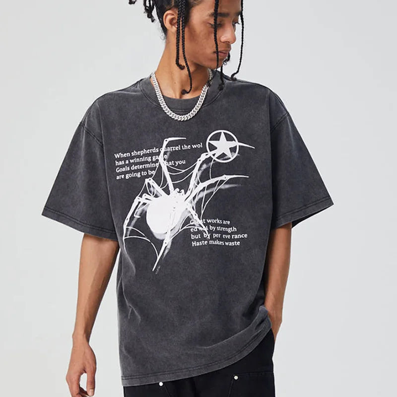 Men T-Shirt Streetwear Hip Hop Oversized Y2K Washed Black Spider Graphic Harajuku Gothic Vintage Cotton Tops Tees Loose Clothes