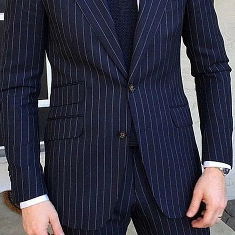 Pinstripe Slim Fit Men Suits for Formal Wedding Tuxedo Notched Lapel 2 Pcs Navy Blue Striped Business Groom Male Fashion