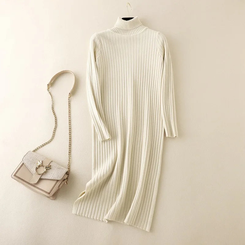 2024 Autumn Winter Thick Straight Maxi Sweater Dress Women High Neck Long Sweater Dress Elegant Female Loose Sexy Knit Dress