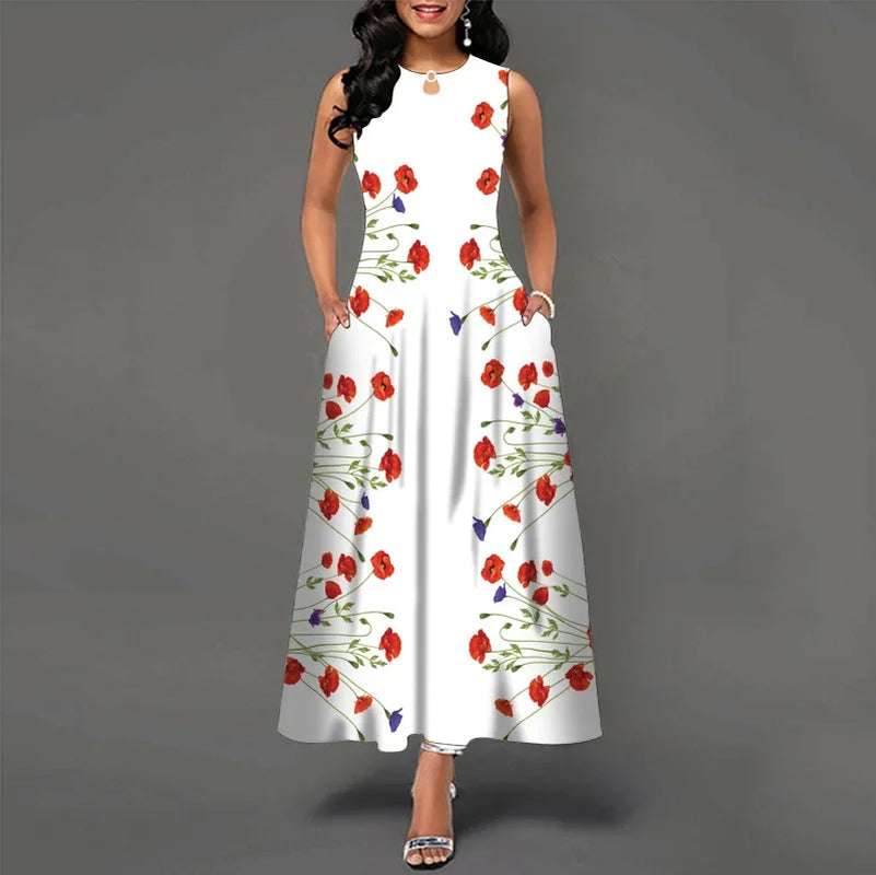 Flower Print New Casual Sleeveless Long Dress Women'S V-Neck Printed Dress Swing Bohemian Retro Dresses