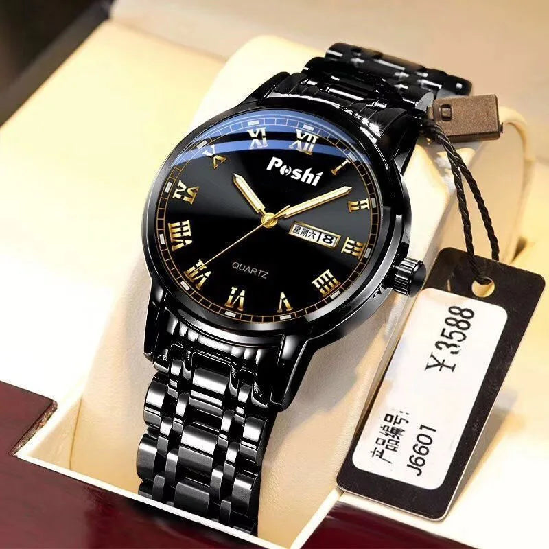 Men Watch Stainless Steel Top Quality Luxury Push Button Hidden Clasp Waterproof Luminous Date Week Sport Wrist Watches