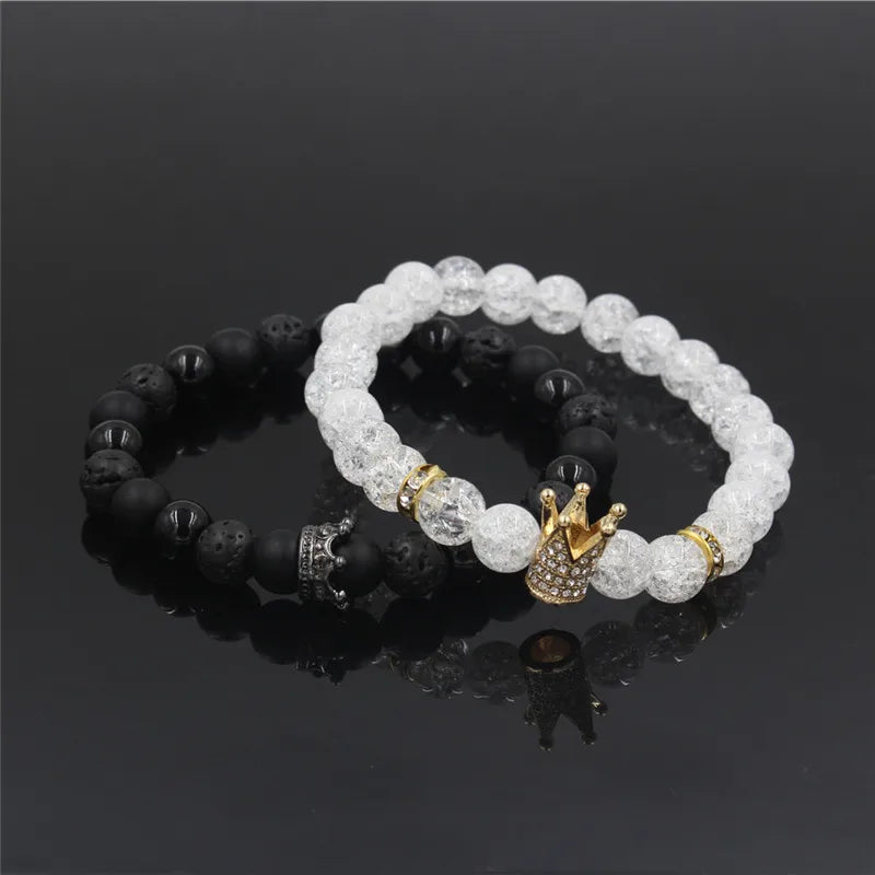 New 2Pc/Sets Natural 8/6Mm Stone Beads Couple Bracelets for Women Micro Pave CZ Crown Charms Bracelet Men Jewelry Pulseras Mujer