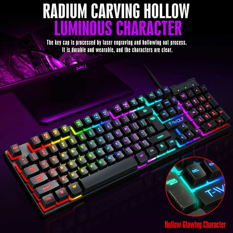 T-WOLF New Keyboard Mouse Kit TF200 Office USB Wired Luminous Keyboard and Mouse Set Russian Keyboard