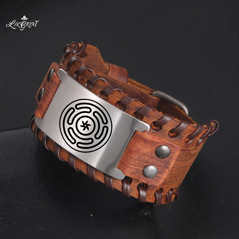 New in Hecate Wheel Strophalos Men'S Wide Leather Wrap Bracelets Kabbalah Amulet Viking Bangle Adjustable Punk Wrist Jewelry